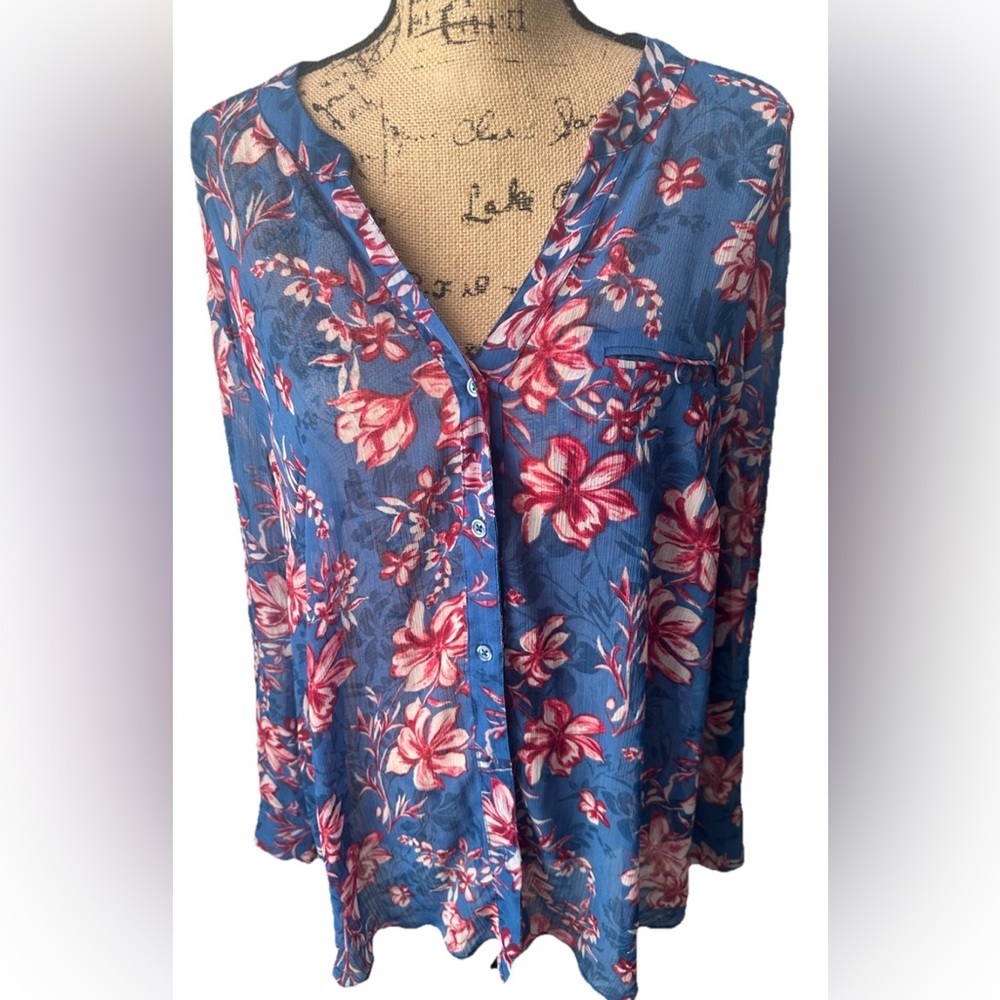 Kut From The Kloth Sheer 1X  Blue  Pink Floral Print Blouse Romantic